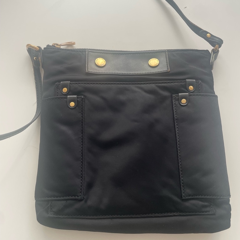 Black Nylon Crossbody Bag with Gold Accents